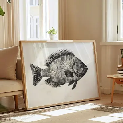 Fish Etching Art Print, Vintage Pen and Ink Illustration, Black and White Wall Decor, Coastal Art