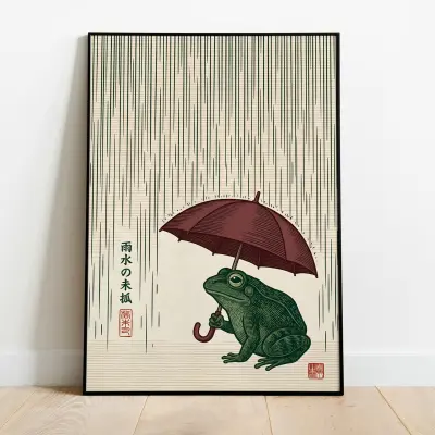 Japandi Frog Art Print | Ukiyo-e Style Wall Art with Umbrella | Living Room Decor