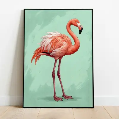 Pink Flamingo Watercolor Print on Pastel Mint, Tropical Bird Poster, Minimalist Wall Art