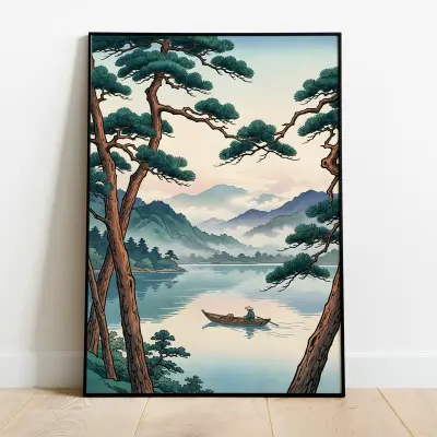 Asian Cedar Forest Print, Japanese Lake Poster, Minimalist Wall Art, Botanical Art for Living Room Decor