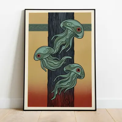 Japanese Minimalist Jellyfish Print, Vintage Kacho-e Animal Illustration, Retro Graphic Wall Art for Living Room