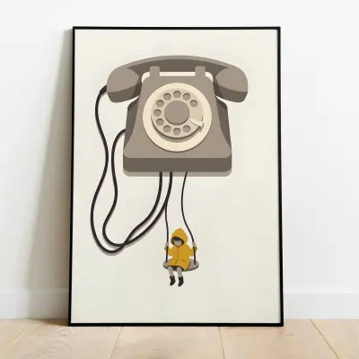 Kid on Swing Poster, Telephone Cable Art Print, Nursery Wall Decor, Children's Illustration