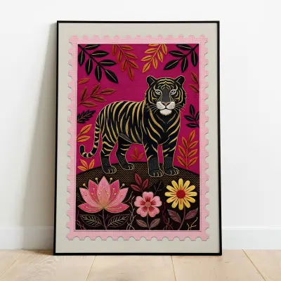 Tiger Art Print Indian Folk Art Style, Naive Jungle Painting, Colorful Living Room Wall Decor