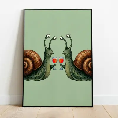 Snail with Cocktail Art Print, Watercolor Poster for Bar Cart, Retro Wall Decor, Snailcore