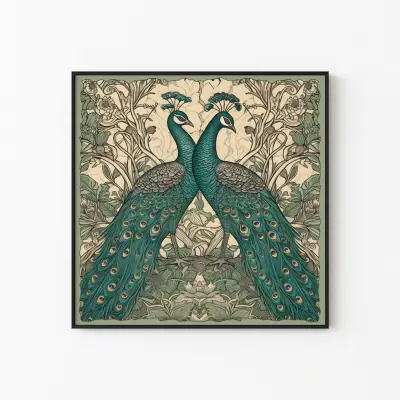 Vintage Peacock Art Print in William Morris Style, Art Nouveau Poster, Square Wall Decor