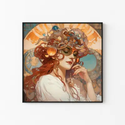 Art Nouveau Poster Woman with Sunglasses, Vintage Art Print, Anachronism Wall Art, Retro Home Decor