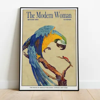 Vintage Magazine Cover Poster with Woman and Parrot, Vogue Inspired Retro Wall Art, Classic Home Decor Print