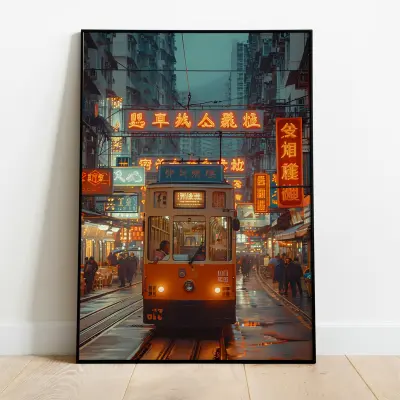 80s Hong Kong Street Scene, Digital Download, Printable Wall Art, Retro Cityscape Poster