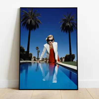 90s Model at Pool Photo Poster, Vintage Wall Art, Retro Fashion Print, 90s Aesthetic