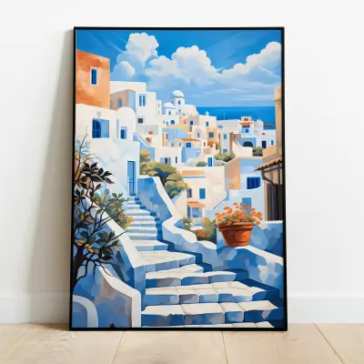 Santorini Stairs Poster, Greece Wall Art, Mediterranean Photography Print, Travel Decor for Living Room