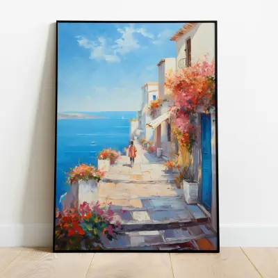Mediterranean Village Wall Art, Coastal Travel Poster, Santorini Greece Print, Boho Home Decor