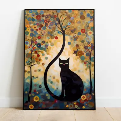 Klimt Cat in Garden Art Print, Art Nouveau Wall Decor, Golden Feline Artwork for Living Room