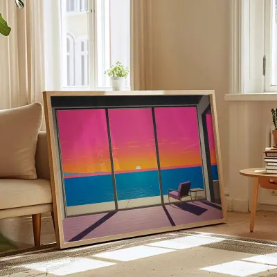 Hiroshi Nagai Style Poster, Minimalist Beach Print, Sunset Wall Art, City Pop Decor