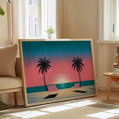 Serene Beach Sunset Poster in Hiroshi Nagai Style | Minimalist Art Print Wall Decor | Japanese Retro Art
