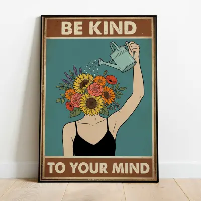 Be Kind To Your Mind Printable, 70s Floral Head Art, Retro Therapy Office Decor, Digital Download