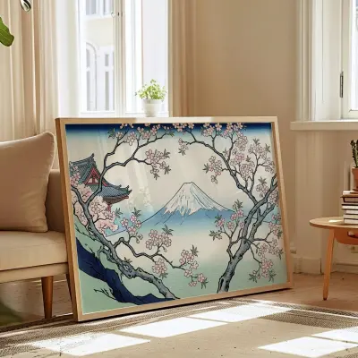 Ukiyo-e Woodblock Print Mount Fuji with Cherry Blossoms, Japanese Wall Art Decor