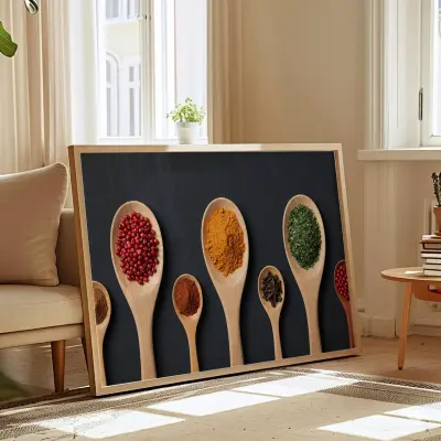 Still Life Photography Wooden Spoons with Colorful Spices on Dark Background Art Print Wall Decor