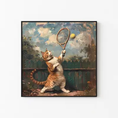 Vintage Cat Playing Tennis Poster Retro Funny Tennis Art Trendy Aesthetic Dorm Decor Cute Apartment Wall Art