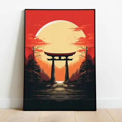 Japan Sunset Poster Torii Gate Yayoi Kusama Japandi Style Japanese Wall Art Print Red Orange