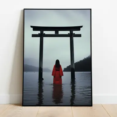 Geisha in Water Torii Gate Poster Japandi Style Yayoi Kusama Japanese Art Print