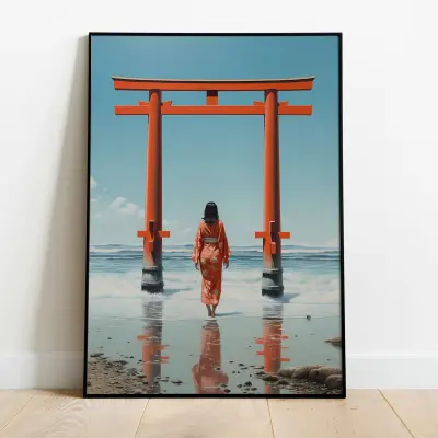 Poster Japanese Beach Torii Gate Kusama Style Japandi Print Wall Art Minimalist