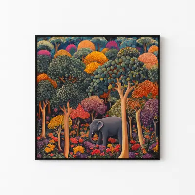 Colorful Elephant Poster Henri Rousseau Style Retro Jungle Art Print Nursery Wall Decor