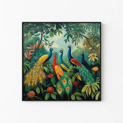 Colorful Peacocks Jungle Retro Painting Print Henri Rousseau Style Art Maximalist Decor Poster