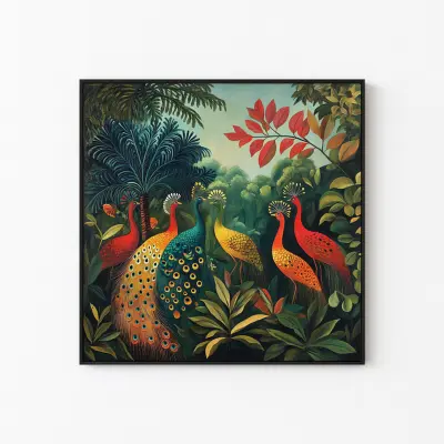Colorful Peacocks Jungle Retro Painting Henri Rousseau Style Art Print Poster Maximalist Decor