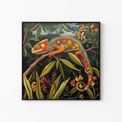 Chameleon Jungle Art Print Retro Painting Henri Rousseau Style Maximalist Decor