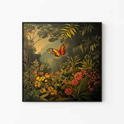 Butterfly in the Jungle Retro Painting Print Henri Rousseau Style Art Maximalist Decor Poster