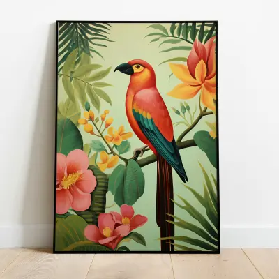 Tropical Parrot Paradise Vibrant Poster Henri Rousseau Style