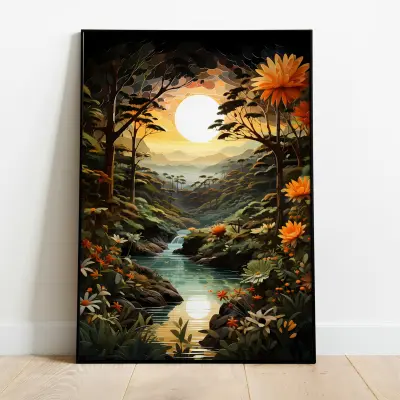 Jungle Sunset Poster Henri Rousseau Style Art Print Tropical Forest Wall Decor Naive Art
