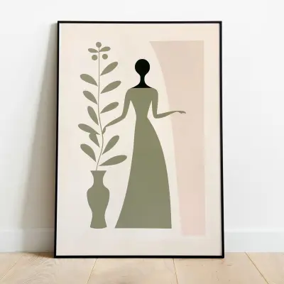 Matisse Style Print Sage Green Blush Boho Minimalist Botanical Woman with Flower Digital Download Art