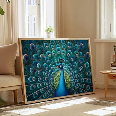 Vintage Peacock Art Print Blue Poppy Flower Poster Bird Illustration Wall Decor