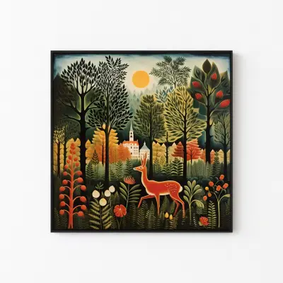 Deer at Forest Edge Poster Henri Rousseau Style Wildlife Wall Art Jungle Painting Woods