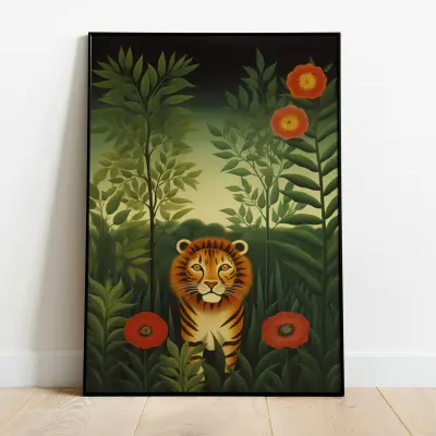 Lion in Jungle Garden Poster Henri Rousseau Style Art Print Wildlife Wall Art Naive Painting