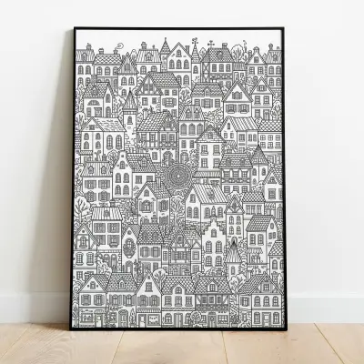 Coloring Page European City Doodle Art Detailed Houses Black White Digital Download PDF