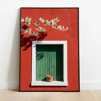 Minimalist Photograph Red Wall White Cherry Blossoms Green Shutter Window Terracotta Pot