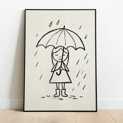 Girl under Umbrella Hand-Drawn Charcoal Sketch Minimalist on Textured Art Paper