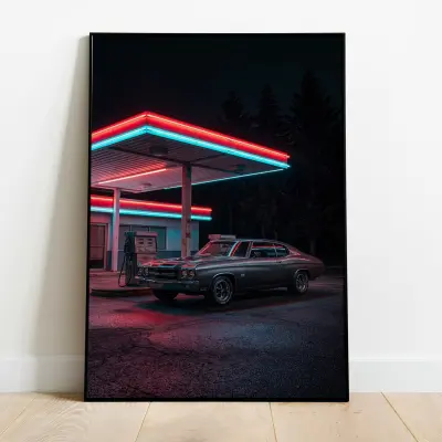 Vertical Photo: Vintage Chevrolet Chevelle Muscle Car at Neon Gas Station at Night