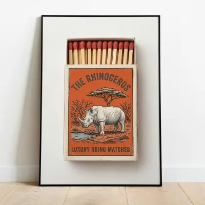 Vintage Rhinoceros Matchbox Retro Design Collectible Decorative Matchsticks Red Tips