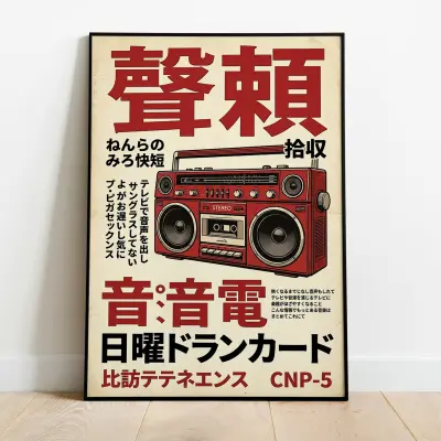 Vintage Japanese Poster Boombox Red Art Print Retro Music Cassette Decor