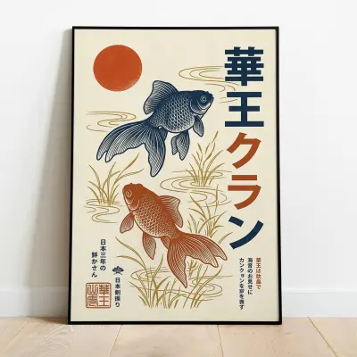 Vintage Japanese Goldfish Poster Cream Off-White Wall Art Traditional Graphic Design Print