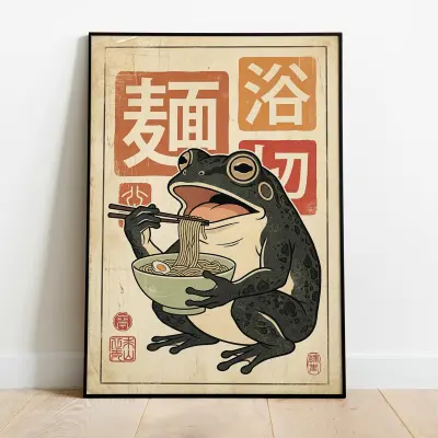 Frog Ramen Woodblock Print Japanese Style Vintage Poster Anthropomorphic Frog Art Print Wall Decor