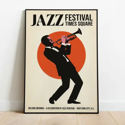 Vintage Jazz Poster Times Square Minimalist Music Print Mid Century Modern Trumpeter Orange Red