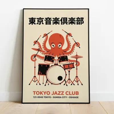 Tokyo Jazz Club Octopus Drummer Poster Mid-Century Retro Illustration Japanese Art Red Black