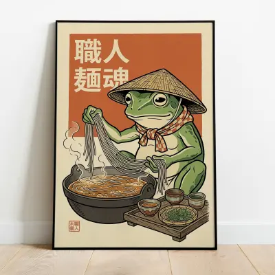 Frog Chef Japanese Woodblock Ukiyo-e Style Soba Noodles Print