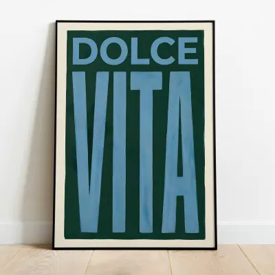 Dolce Vita Poster Minimalist Retro Design Cream Dark Green Blue Wall Art Italy Decor | kitchen art