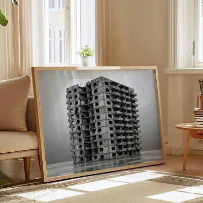 Brutalist Tower Block Ruin Black and White Photography Art Print Minimalist