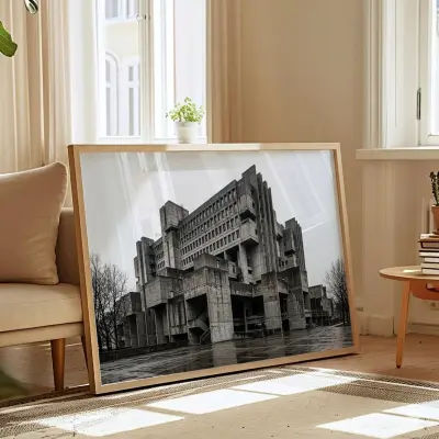 Brutalist Building Photo Large Complex Geometry Raw Concrete Black and White Print